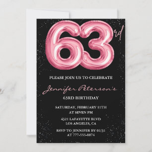 Zwarte Roze Ballon Glam Glitters 63e verjaardag Kaart