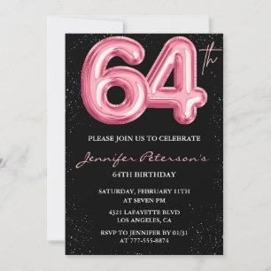 Zwarte Roze Ballon Glam Glitters 64ste verjaardag Kaart