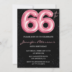 Zwarte Roze Ballon Glam Glitters 66ste verjaardag Kaart