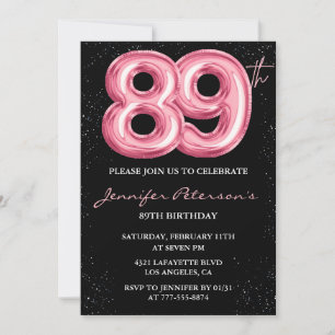 Zwarte Roze Ballon Glam Glitters 89ste verjaardag Kaart