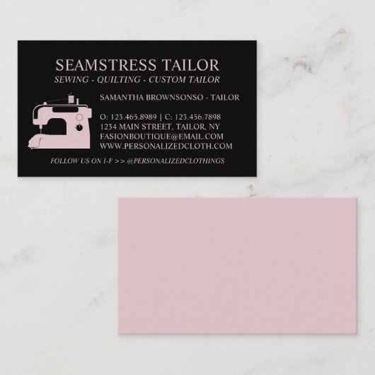 Zwarte roze blanco achterzijde naaigarmatuur visitekaartje (Voorkant / Achterkant)