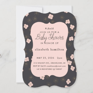 Zwarte & Roze Bloemen Baby Shower Uitnodiging
