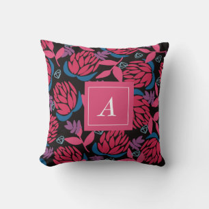 Zwarte roze bloemen elegant monogram kussen