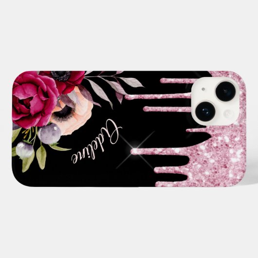 Zwarte roze bloemen glitter druppelt naam op Case-Mate iPhone case (Achterkant (horizontaal))
