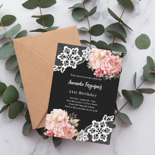 Zwarte roze bloemen kant luxe verjaardag kaart