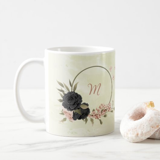zwarte roze bloemen  koffiemok (Met donut)