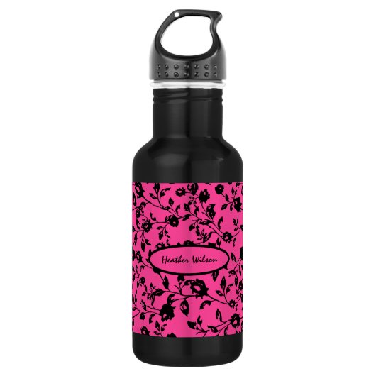 Zwarte Roze Bloemen Waterfles met Naam Waterfles (Voorkant)