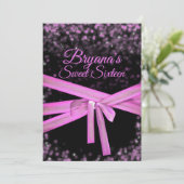 Zwarte & Roze Bow Glitter Lights Sweet 16 Verjaard Kaart (Staand voorkant)