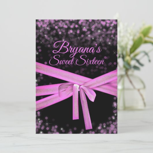 Zwarte & Roze Bow Glitter Lights Sweet 16 Verjaard Kaart (Staand voorkant)