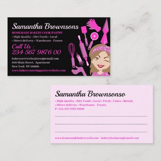 Zwarte Roze Cartoon Dame Bakkerij Dookskoekje Visitekaartje (Voorkant / Achterkant)