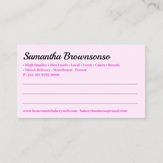 Zwarte Roze Cartoon Dame Bakkerij Dookskoekje Visitekaartje (Achterkant)