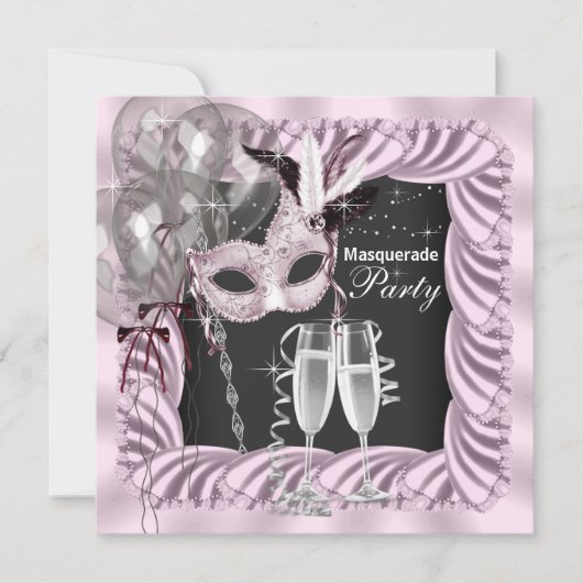 Zwarte Roze Champagne Masquerade Feest Kaart (Voorkant)