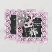 Zwarte Roze Champagne Masquerade Party Kaart (Voorkant / Achterkant)