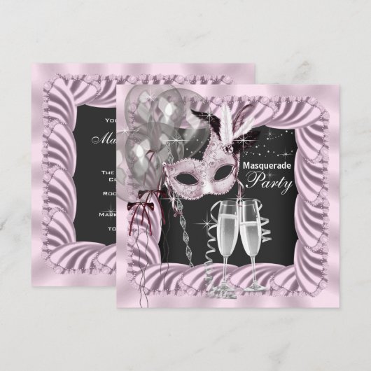 Zwarte Roze Champagne Masquerade Party Kaart (Voorkant / Achterkant)