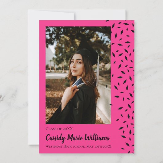 Zwarte Roze Confetti Afstuderen Aankondiging (Voorkant)