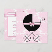 Zwarte Roze Damast Baby Shower Uitnodigingen (Voorkant / Achterkant)
