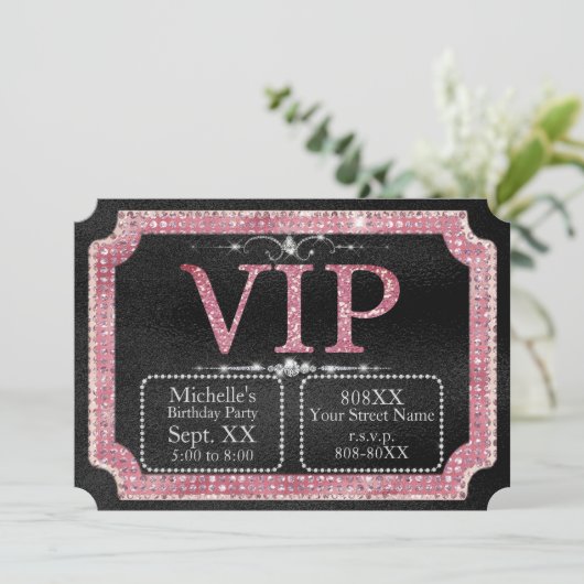Zwarte & Roze Diamanten VIP Ticket Kaart (Staand voorkant)