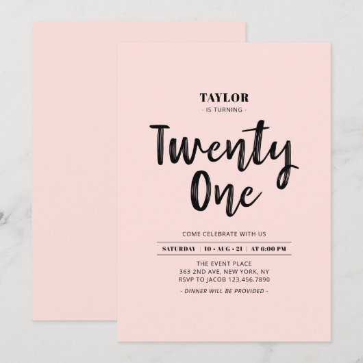 Zwarte & Roze Eenvoudige 21e Verjaardagsfeestje Kaart (Voorkant / Achterkant)