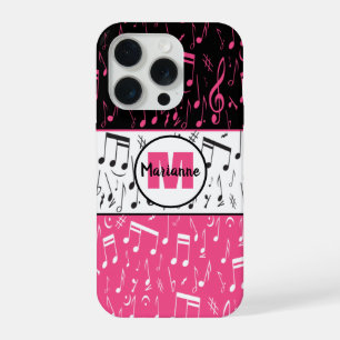 Zwarte roze en witte muzieknoten iPhone 15 pro case