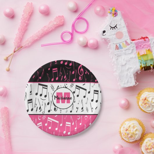 Zwarte roze en witte muzieknoten papieren bordje (Feest)