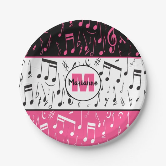 Zwarte roze en witte muzieknoten papieren bordje (Voorkant)