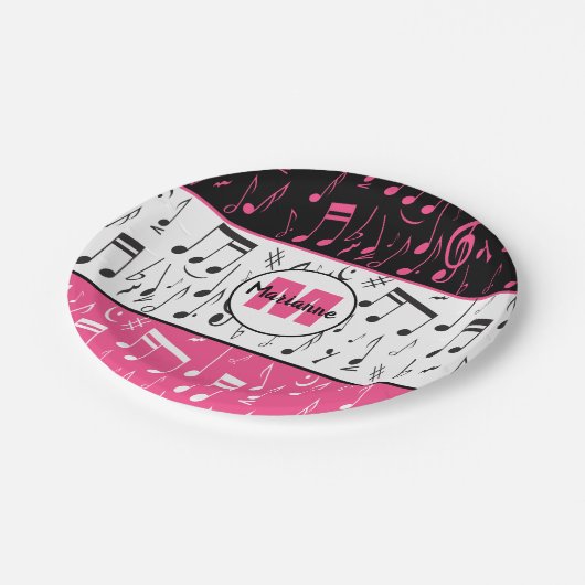 Zwarte roze en witte muzieknoten papieren bordje (Gekanteld)