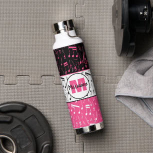 Zwarte roze en witte muzieknoten waterfles