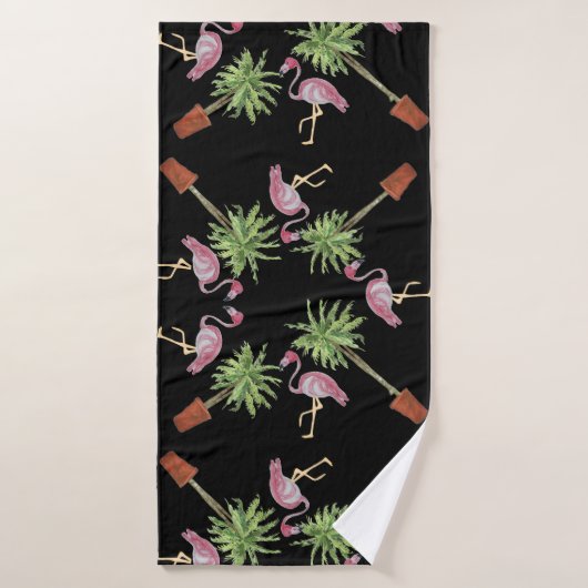 Zwarte roze flamingo Flamingos Palm Tree Bath Bad Handdoek (Badhanddoek)