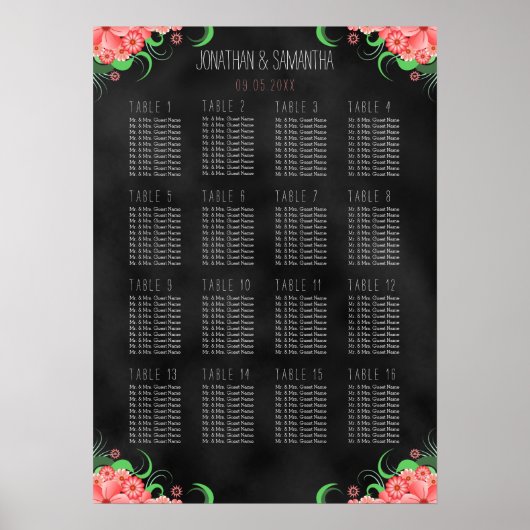 Zwarte & Roze Floral DIY 16-tabel Poster (Voorkant)