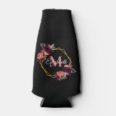 Zwarte roze floralen goudgeometrische naam flesjeskoeler (Voorkant)