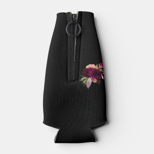 Zwarte roze floralen goudgeometrische naam flesjeskoeler (Achterkant)