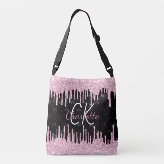 Zwarte roze glinsterende druppels monogram elegant crossbody tas (Achterkant)