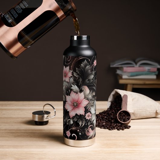 Zwarte & Roze Glitter bloemen Waterfles (Koffie)