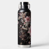 Zwarte & Roze Glitter bloemen Waterfles (Voorkant)