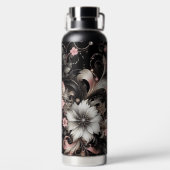 Zwarte & Roze Glitter bloemen Waterfles (Achterkant)