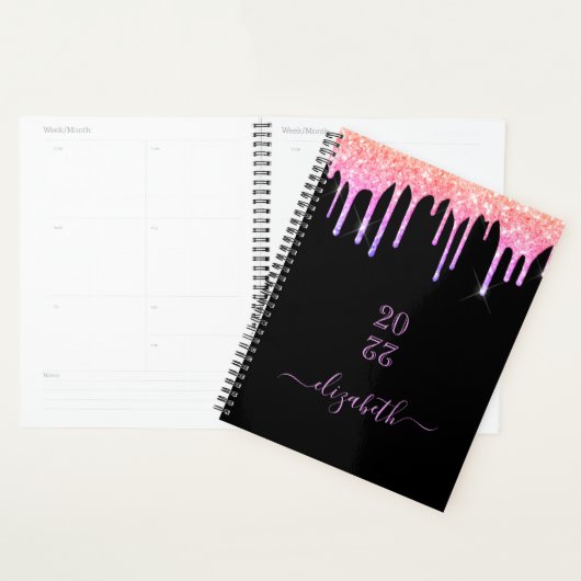 Zwarte roze glitter druppelnaam planner (Display)