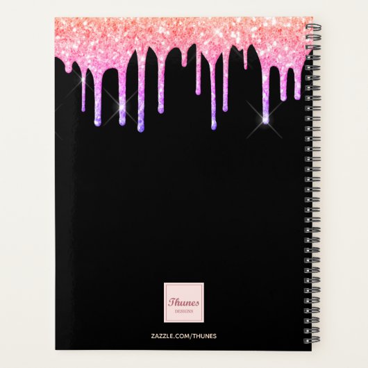 Zwarte roze glitter druppelnaam planner (Achterkant)