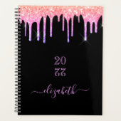 Zwarte roze glitter druppelnaam planner (Voorkant)