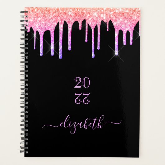 Zwarte roze glitter druppelnaam planner (Voorkant)