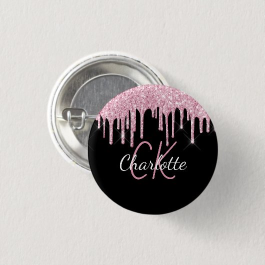 Zwarte roze glitter druppelt aangepaste monogram n ronde button 3,2 cm (Voorkant /achterkant)