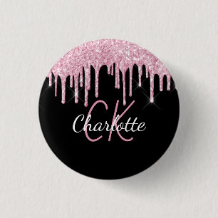 Zwarte roze glitter druppelt aangepaste monogram n ronde button 3,2 cm