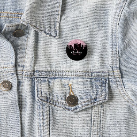 Zwarte roze glitter druppelt aangepaste monogram n ronde button 3,2 cm (In situ)