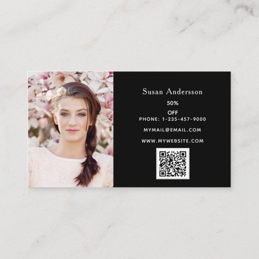 Zwarte roze glitter druppelt foto qr code klantenkaartje (Achterkant)