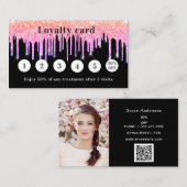 Zwarte roze glitter druppelt foto qr code klantenkaartje (Voorkant / Achterkant)