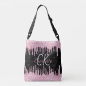 Zwarte roze glitter druppelt monogram elegant crossbody tas (Achterkant)