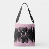 Zwarte roze glitter druppelt monogram elegant crossbody tas (Voorkant)