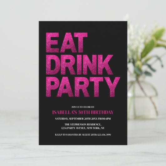 Zwarte Roze Glitter Eten Drinken Feest 50ste Verja Kaart (Staand voorkant)