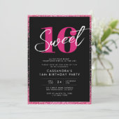 Zwarte roze glitter Glam Sweet Sixteen Birthday Kaart (Staand voorkant)
