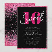 Zwarte roze glitter Glam Sweet Sixteen Birthday Kaart (Voorkant / Achterkant)