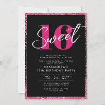 Zwarte roze glitter Glam Sweet Sixteen Birthday